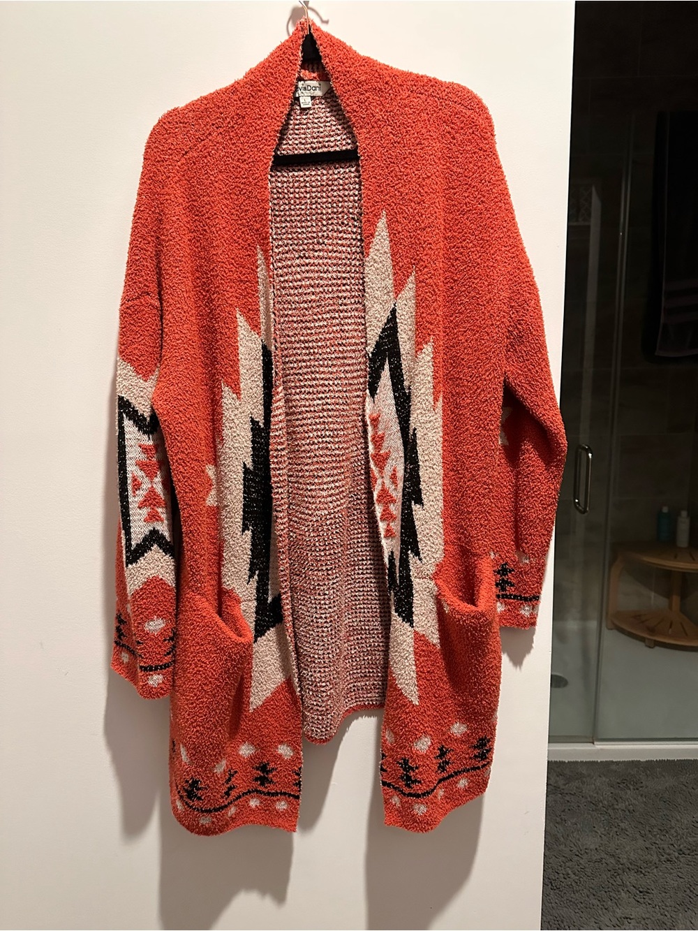 Cozy Open-Front Burnt Orange Patterned Cardigan Sweater